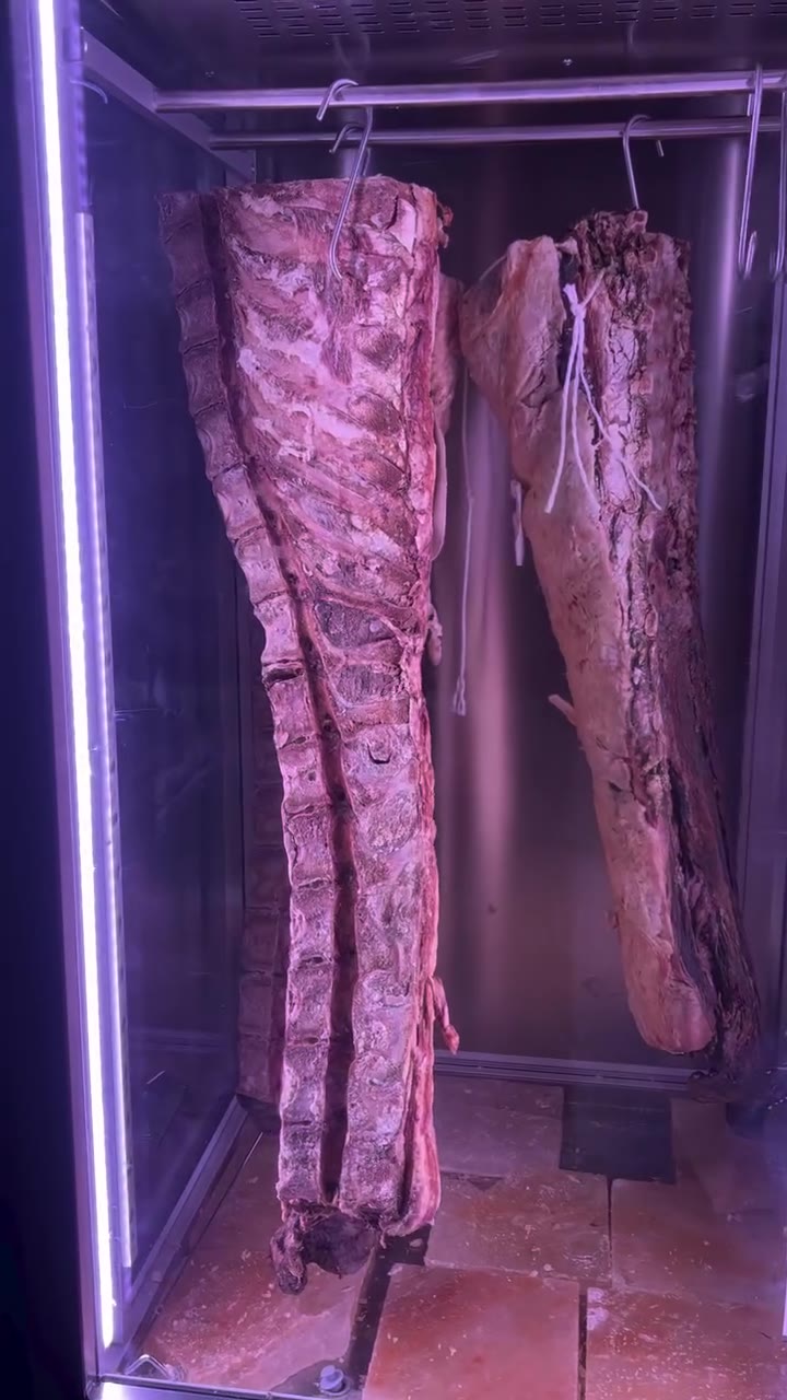 Dry-aging cabinet with racks of beef